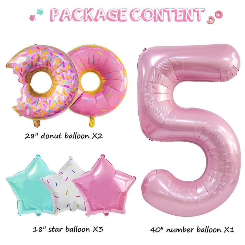Dokuna Donut Birthday Decorations  6 PC Balloons 5th Birthday for Girls  Giant Number 5 Foil Mylar Balloon  5 Years Old Theme Party Supplies Decor (Donut-5) - Image 5